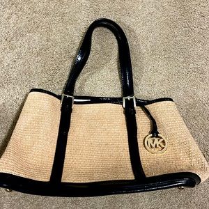 Michael Kors Black and Straw Woven Tote Bag with Gold Tone Hardware & wallet